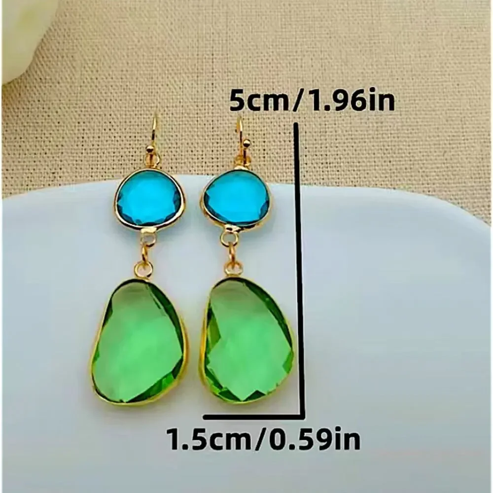 Gold Vintage Gemstone Crystal Blue Green Dangle Earrings - Picture 4 of 4